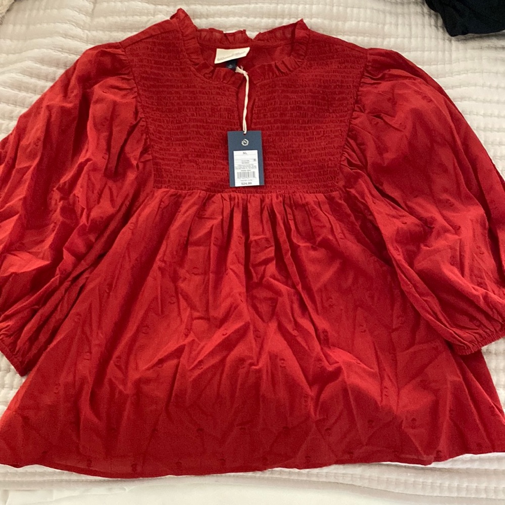 Universal thread orange/red puff sleeve high neck blouse